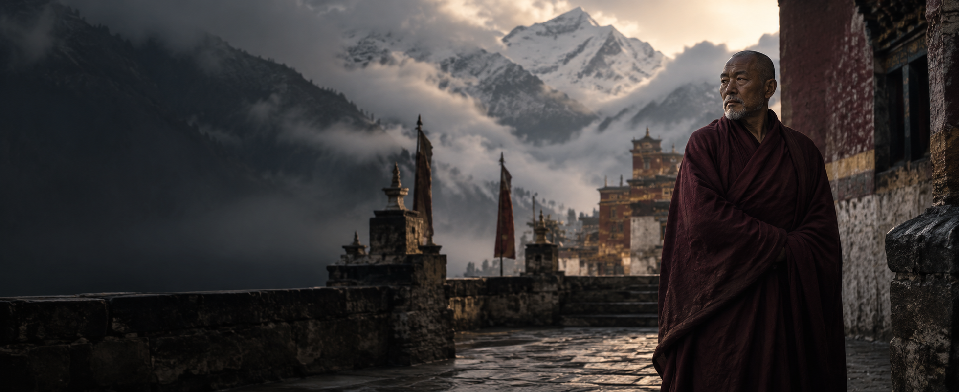 A fictional robed teacher beside a Himalayan monastery, with mist and snow-covered peaks